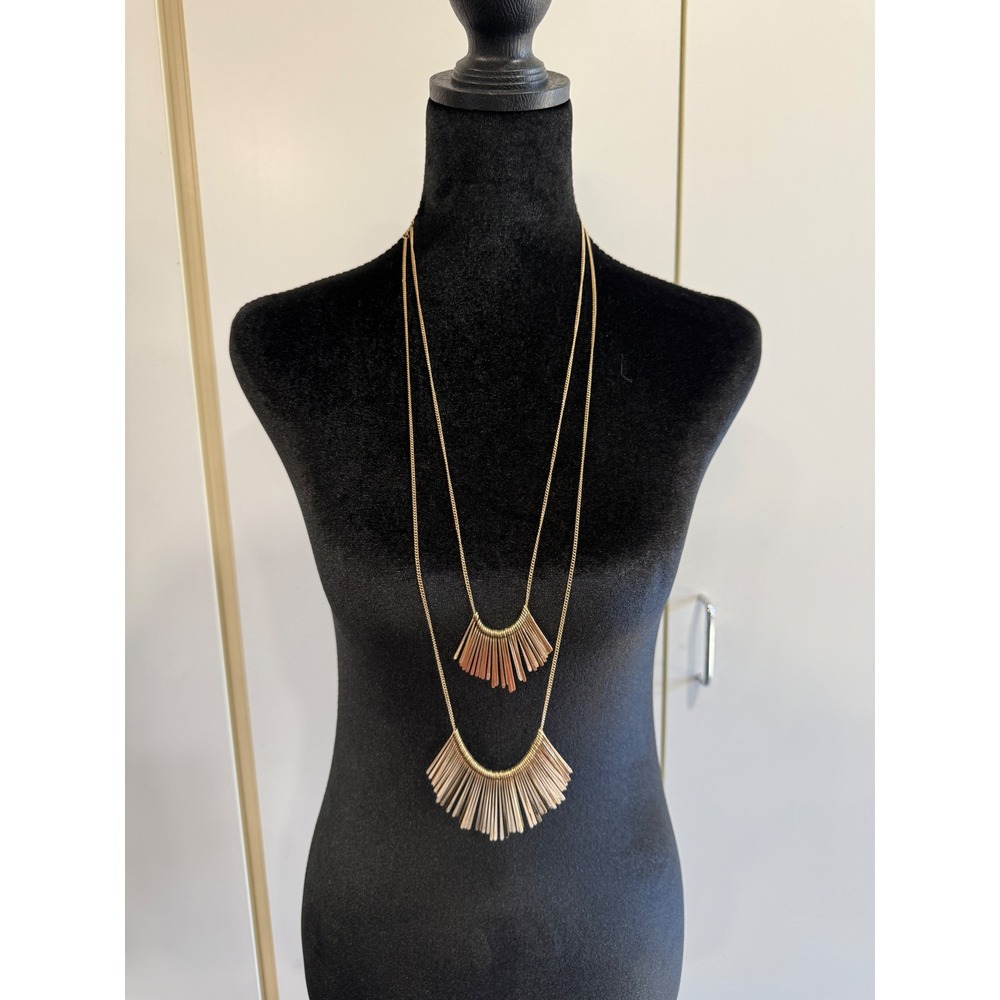 Gold Tone Double Layer Fringe Statement Necklace Boho Sunburst Bar Pendant